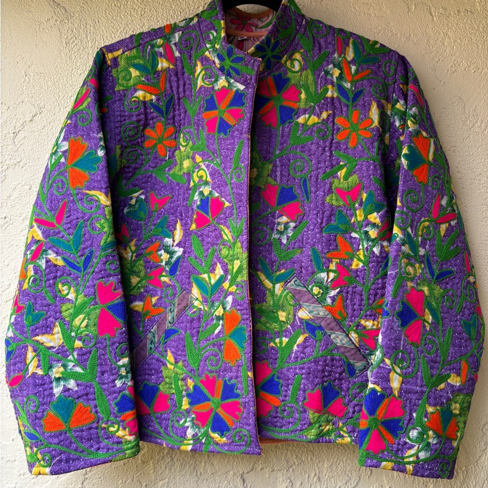 Quilted REVERSIBLE Floral Jacket in Purple, Green, Pink & Orange on one side